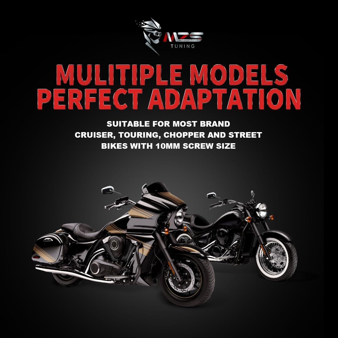 MZS Chrome Motorcycle Mirrors 10mm, Universal Motorbike Rear View Side Mirror Aluminium Compatible with Touring Cruiser Chopper Street Naked Bike Shadow Fury Vulcan Boulevard Road Royal Star VStar