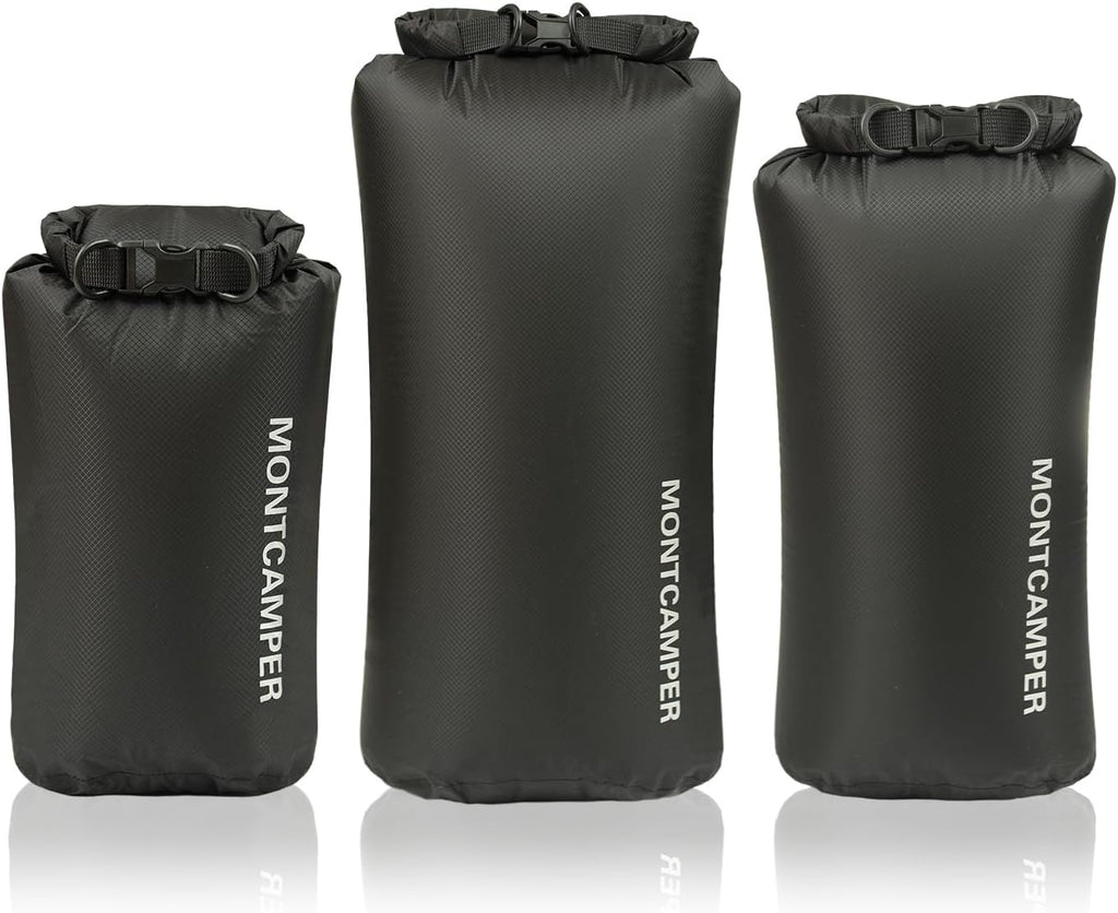 Waterproof Dry Bag 3-Pack (5L + 10L + 20L) – 30D Nylon Roll Top Dry Sacks with PU Coating, Lightweight Water-Resistant Storage for Kayaking, Camping, Hiking, Fishing & Beach (Black)