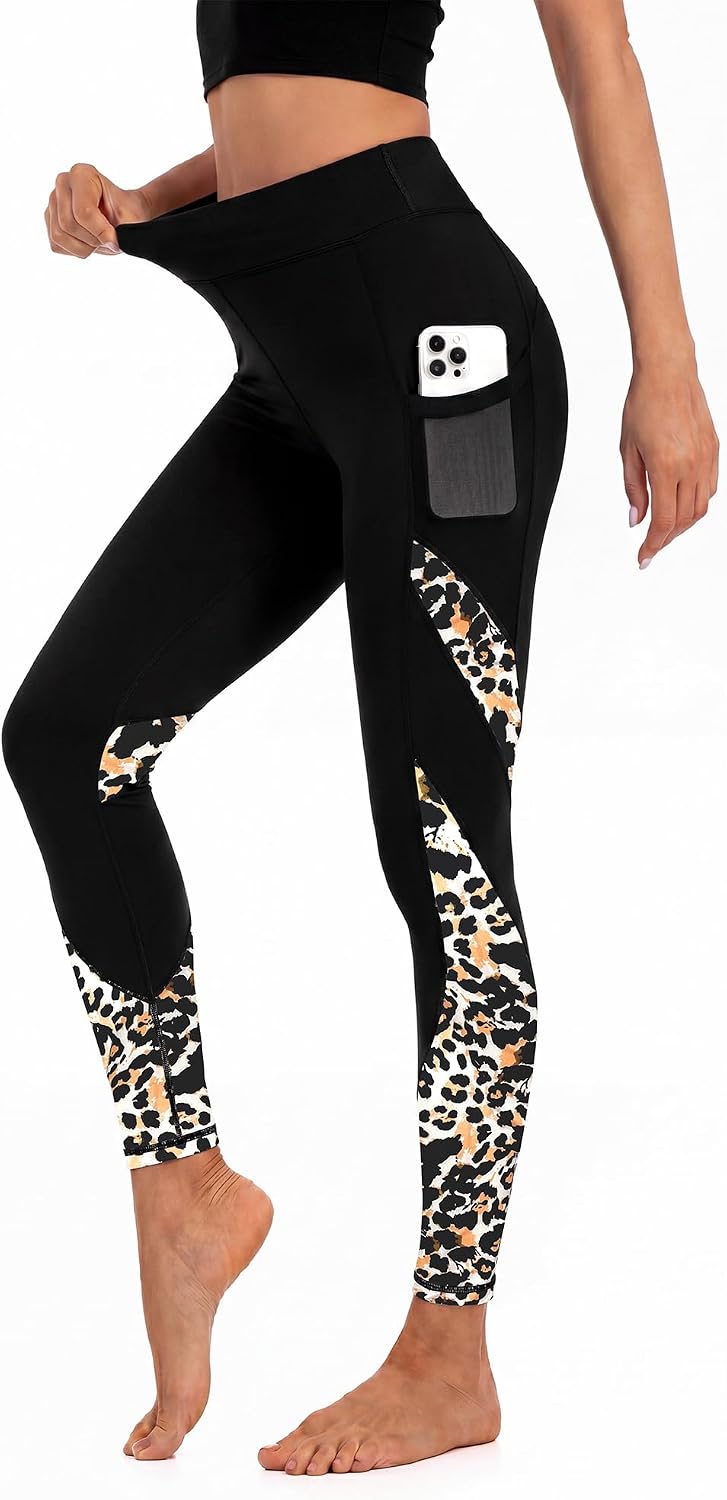 Women's High Waisted Yoga Leggings - Leopard Block Print Phone Pockets Tummy Control Workout Casual Pants