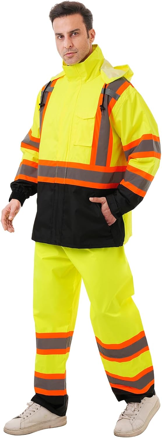 Hi Vis Safety rain Jacket，Reflective Class 3 Rain coat with Inner Mesh Lining and Pockets High Visibility Waterproof work Rain Suits for men&women（Yellow,2XL/3XL）