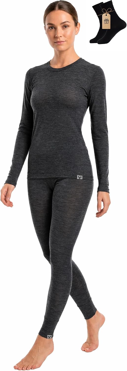 100% Merino Wool Base Layer Set Women - Thermal Underwear Long Johns PJs