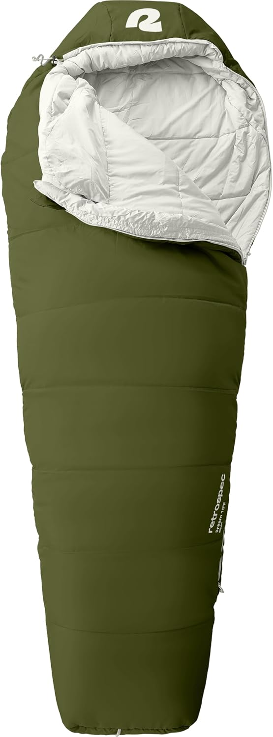 Retrospec Dream Mummy Sleeping Bag - 5, 15, & 30°F Cold Weather Camping & Travel Essential Gear with Water - Resistant Shell & Synthetic Fill - Zippered Pocket & Stuff Sack