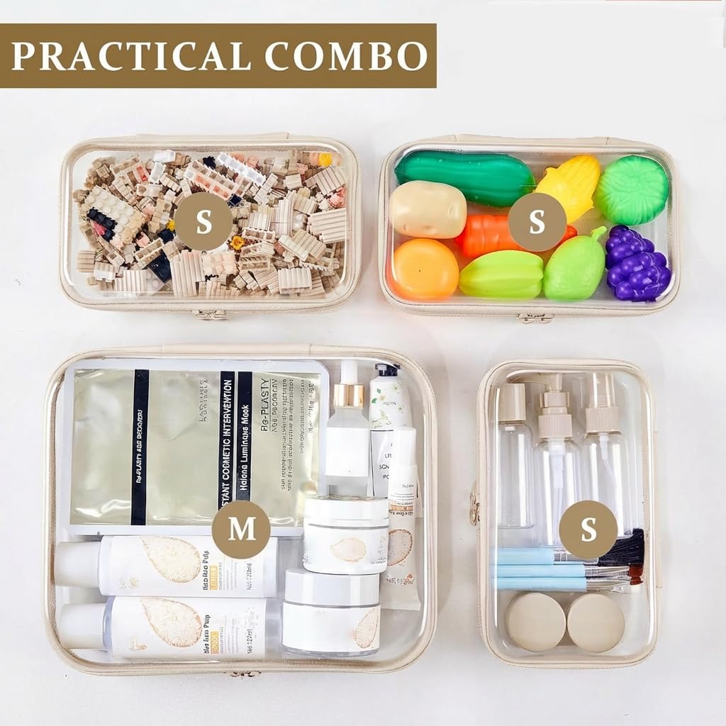 4 pcs Clear Zipper Pouches,Hard Shell Zipper Case, Toiletry Bag for Travel