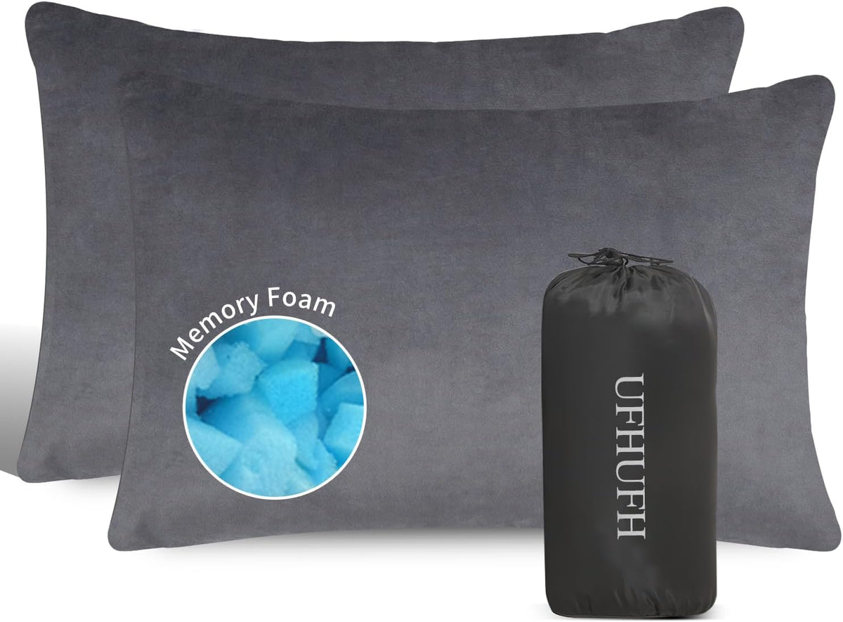 Camping Pillow,Compressible Small Shredded Memory Foam Pillow,Travel Pillow for Airplane,Backpacking and Hiking Grey Medium 1 Pack