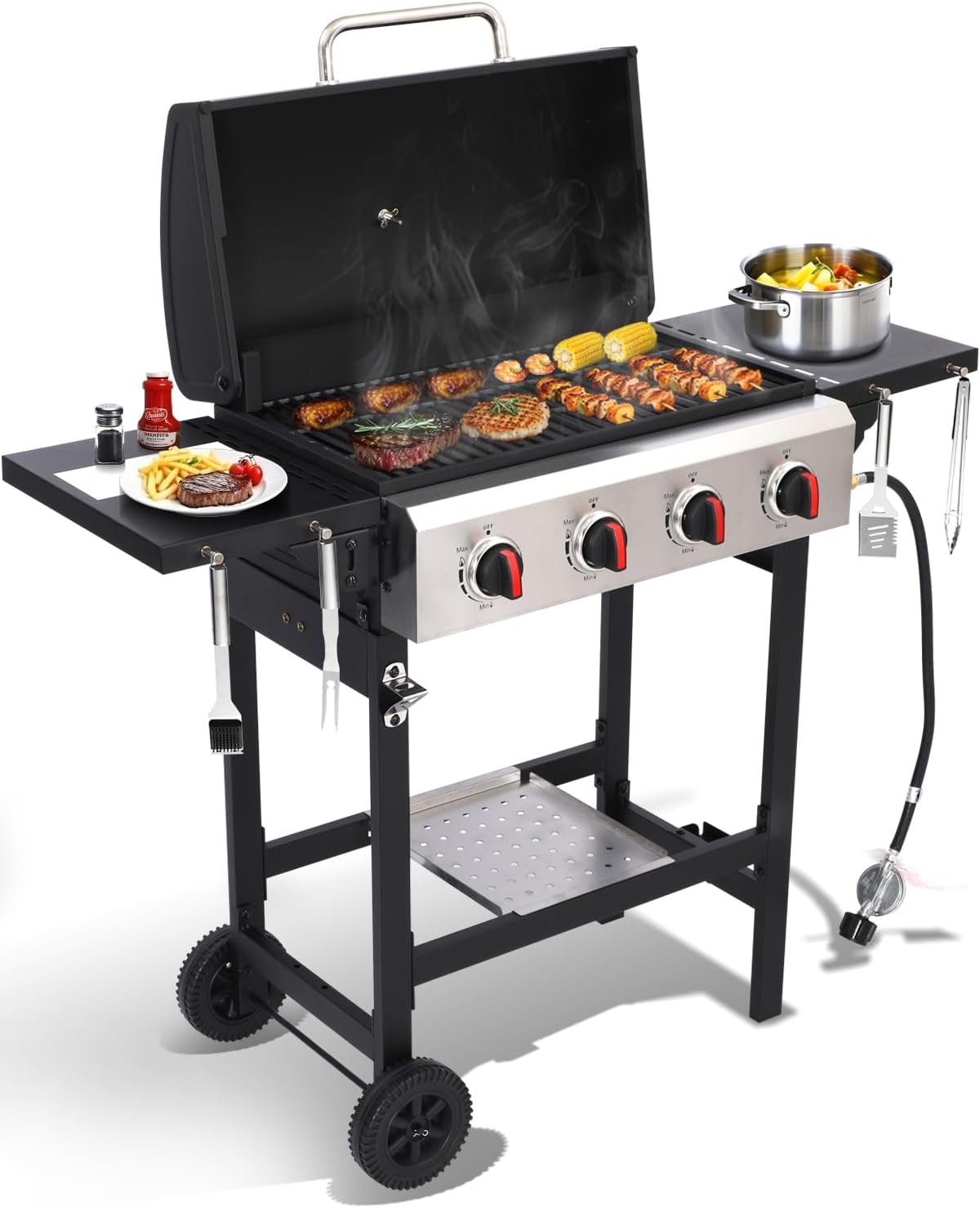 Propane Gas Grill with Folding Side Tables, 3-Burner Gas Grill with Cast Iron Grates and Stainless Steel Griddle Pan, Outdoor BBQ Grill Portable with Wheels 30,000 BTU Output
