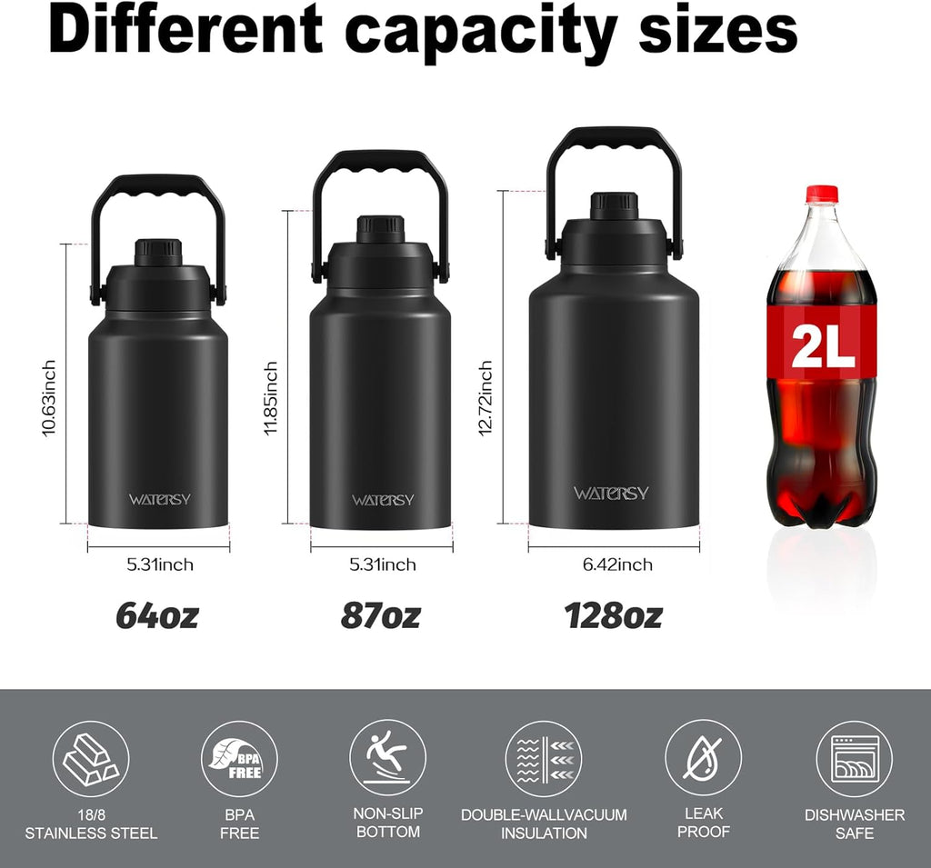 WATERSY 1 Gallon Water Bottle Insulated(Cold for 48 Hrs),BPA Free&Leak Proof,128oz Stainless Steel Water Jug with Handle for Gym,Hiking,Camping&Travel,Black Large Thermo