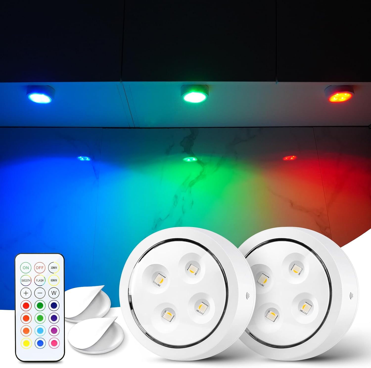 Push Lights with Remote 6-Piece Battery-Powered LED Hockey Puck Lights, Wireless Under-Cabinet & Baseboard Illumination, Dimmable & Color-Changing (2 Pack White, Color)