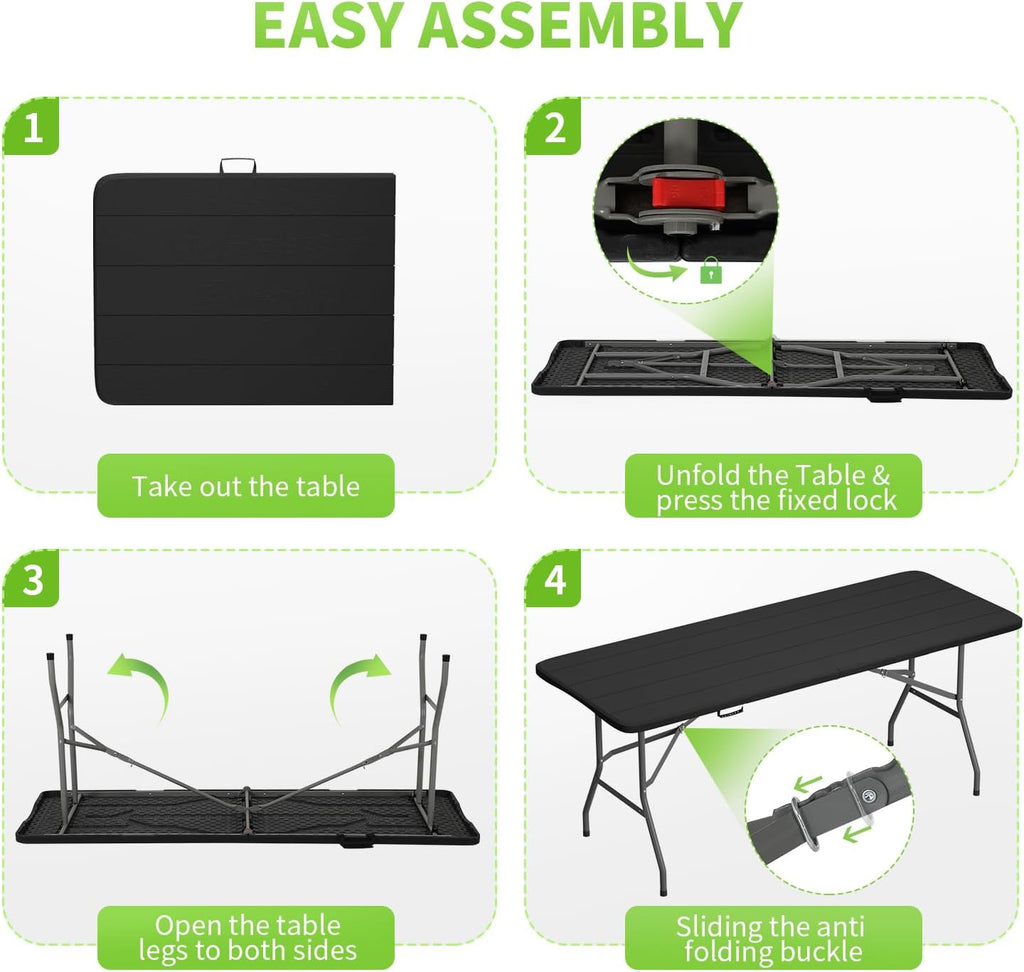 BestOffice | 6FT Folding Table | Black Wood Grain | Portable Plastic Table