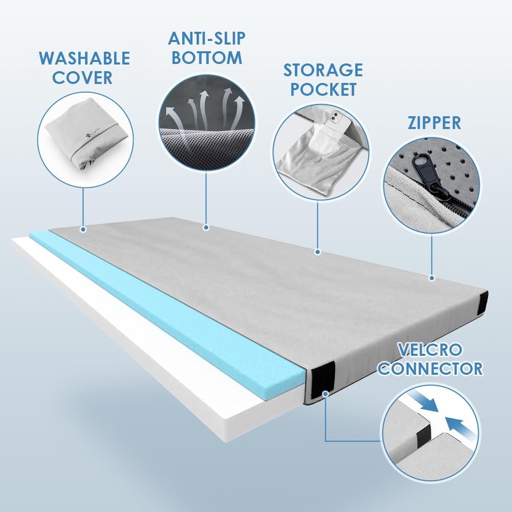 KingChii CertiPUR-US Memory Foam Camping Mattress, Portable Roll Up Travel Car Camping Mattress Sleeping Pad & Floor Mattress, Cot Mattress Guest Bed for Sleepover with Waterproof Cover & Travel Bag