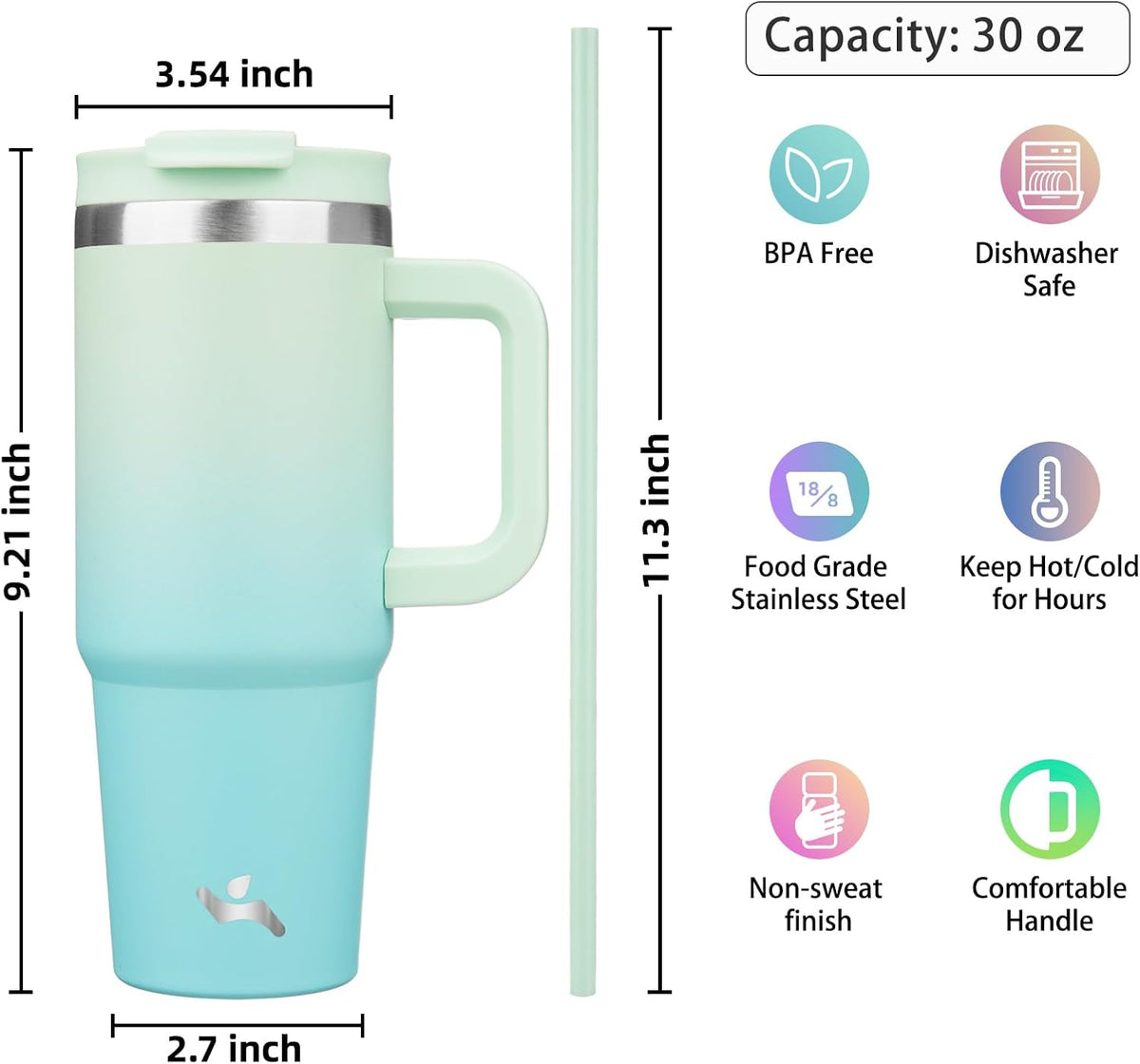 Konokyo 30 oz Insulated Tumbler Water Bottle with Handle, Straw Lid