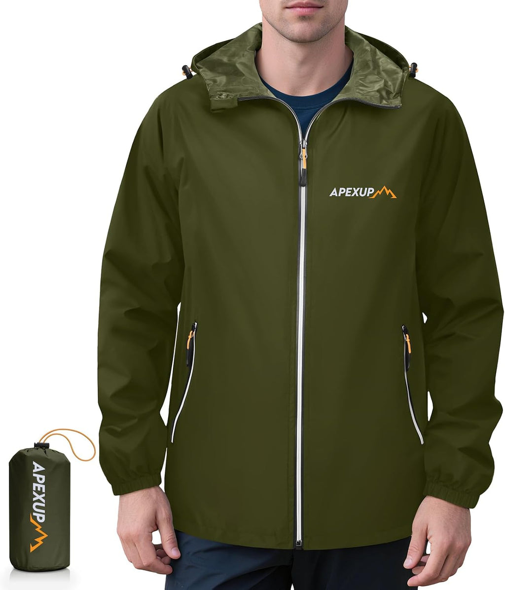 APEXUP Packable Rain Jacket Men Waterproof Lightweight Raincoat with Hood