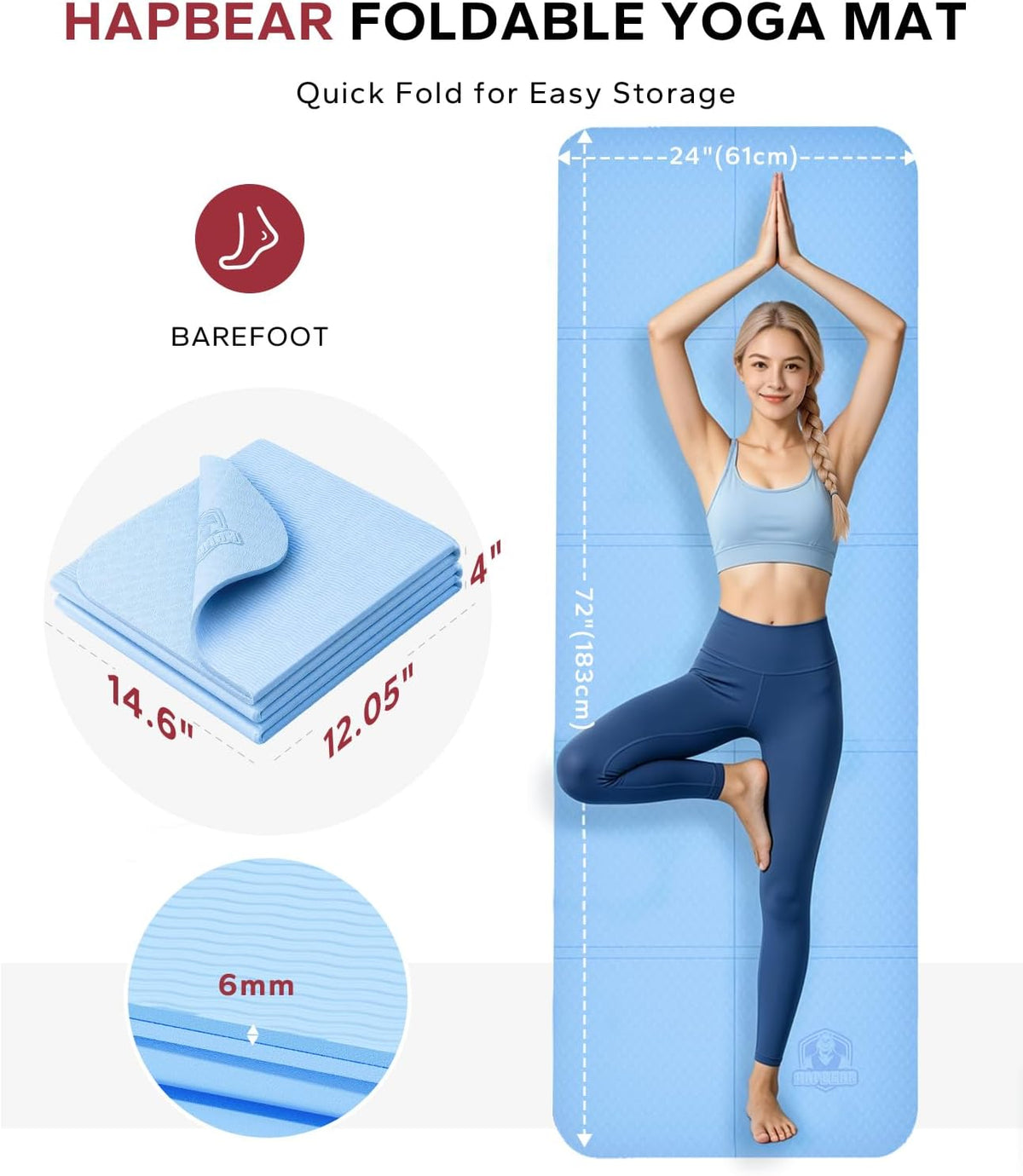 HAPBEAR Foldable Yoga Mat - 72"x24"x0.24" (6mm), Non-Slip TPE Exercise Mat for Home Workout, Yoga, Pilates,Stretching, & Travel, Durable & Eco-Friendly, Includes Carry Bag