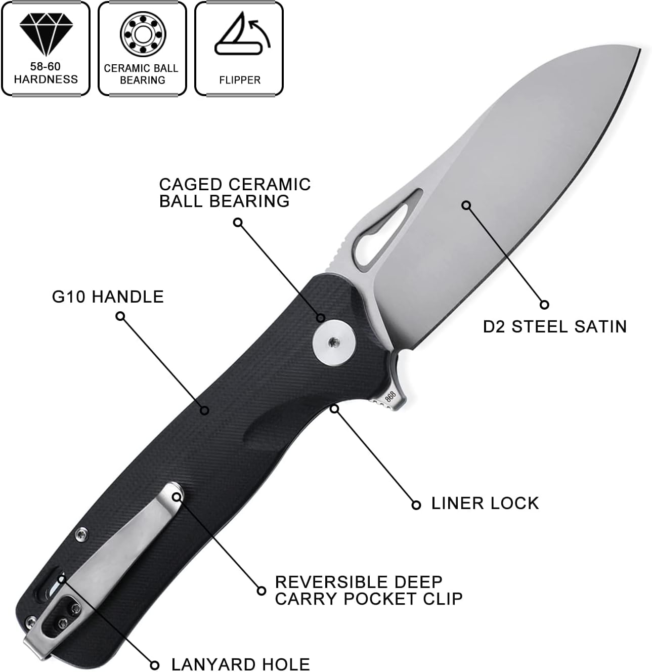 Petrified fish PF868 Bunta 3.35" D2 Satin Blade Pocket Folding Knife