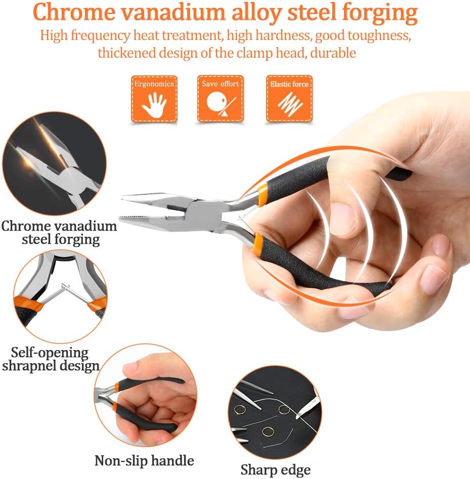 SOONAN 5 Pieces Mini Pliers, Long Lasting Tool Set Cable Cutters – Long Needle Nose, Long Nose, Nipper Bent Nose, End Cutting, Diagonal Cutting, Precision Pliers Set
