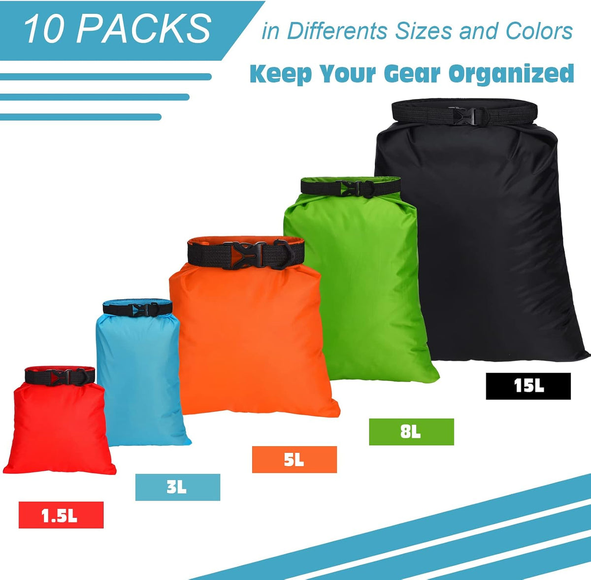 LEIFIDE 10 Pcs Ultralight Waterproof Dry Bags 5 Sizes Roll Top