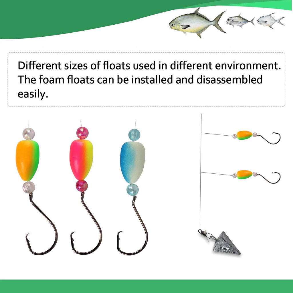 Dovesun 220/104/80/60/54/52/42pcs Pompano Rig Floats for Surf Fishing Foam Bobbers for Fishing Fly Fishing Bobbers Floats Bright Color Kit/Round/Cylindrical/Heart/Bullet/Pill/Spin Shape