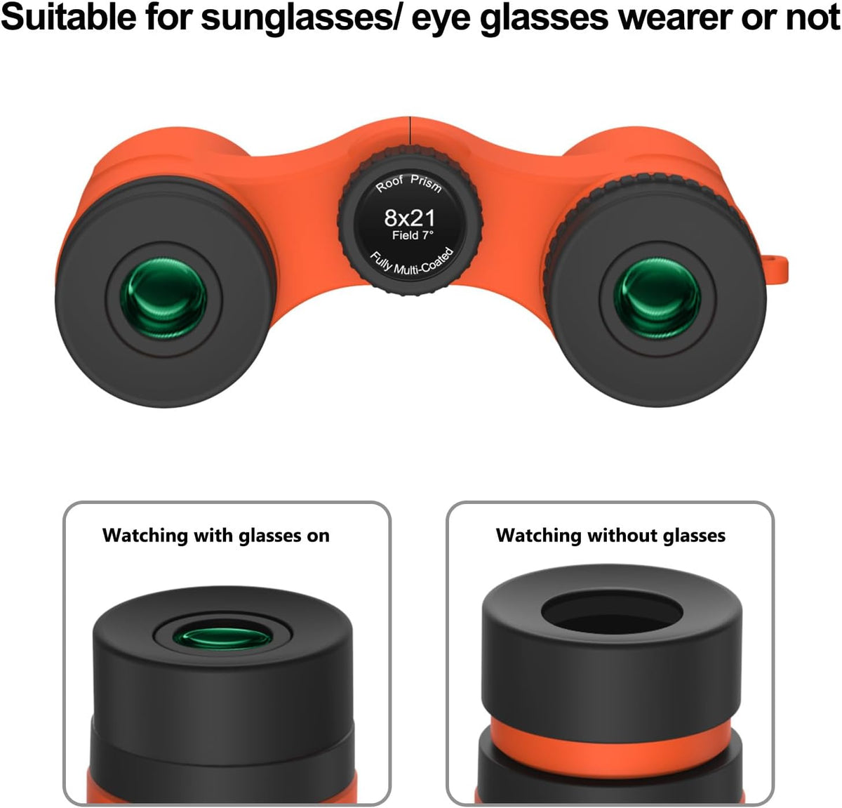 8x21 Compact Binoculars for Adults and Kids, Lightweight Pocket BAK4 Prism FMC Lens, Waterproof Shockproof for Bird Watching Travel Camping Concerts Hiking (Orange)