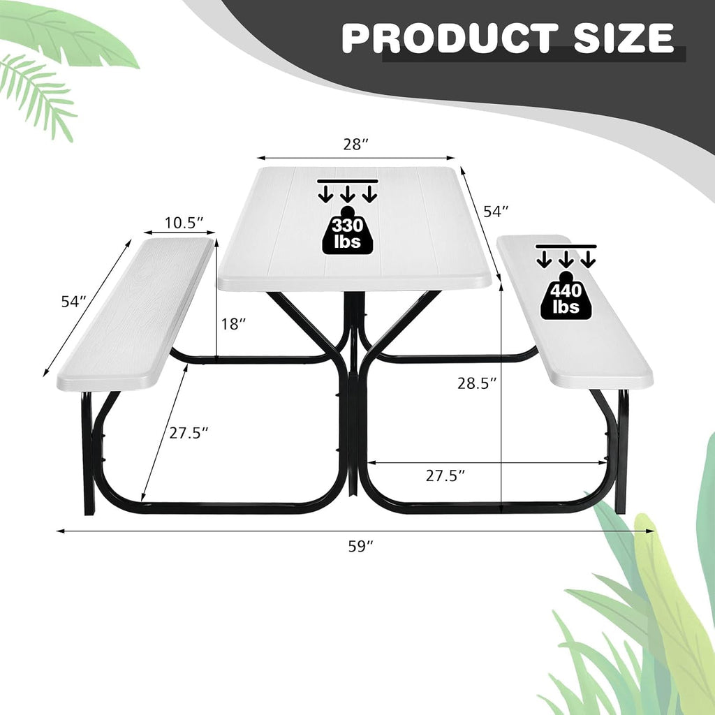 Tangkula Picnic Table Bench Set, Outdoor Picnic Table with 2 Benches, Metal Camping Table with Plastic Wood-Like Texture Tabletop & Steel Frame, Ideal for Picnic, Party, Garden, Lawn (White)