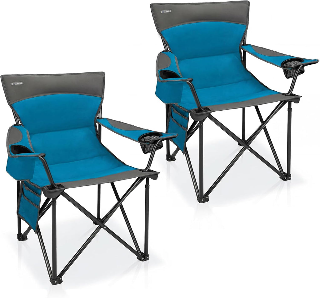 Oversized Camping Chair for Adults - 2 Pack Padded Lawn Chairs with Cup Holder & Side Pocket,Heavy Duty Folding Outdoor Chairs for Camp,Sports,Picnic,Beach,Dark Blue