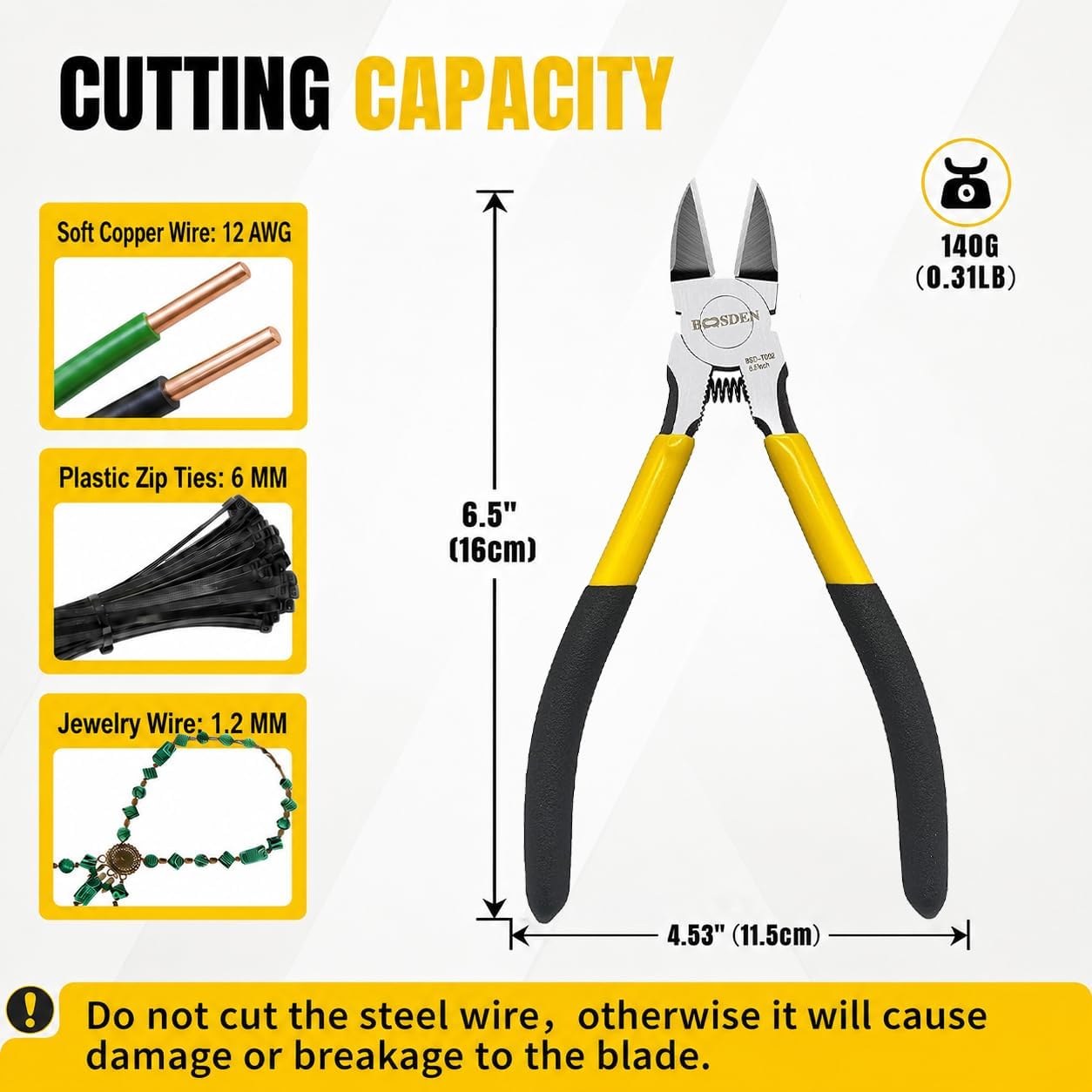 BOOSDEN Wire Cutter 6.5 inch Cutting Pliers Diagonal Cutter Snipper 10 Pack