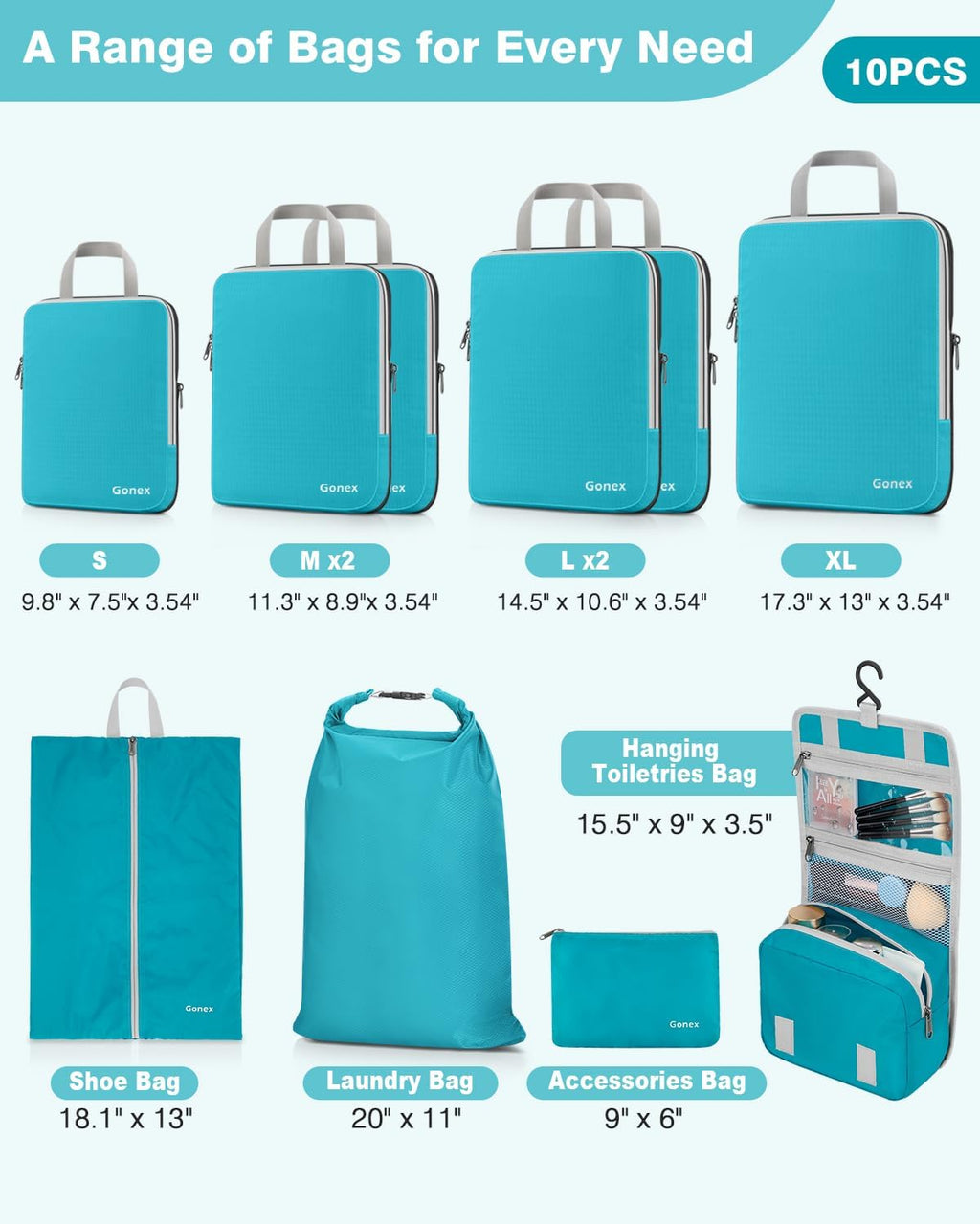 Gonex 10-Piece Compression Packing Cubes with Travel Organizer Set