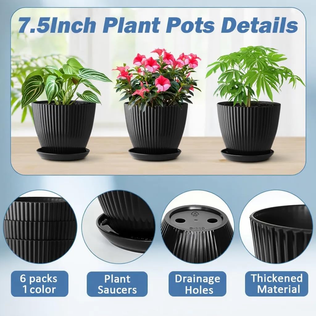 RooTrimmer 7.5in Black Plastic Pots with Saucers, 6 Pack Seed Planters