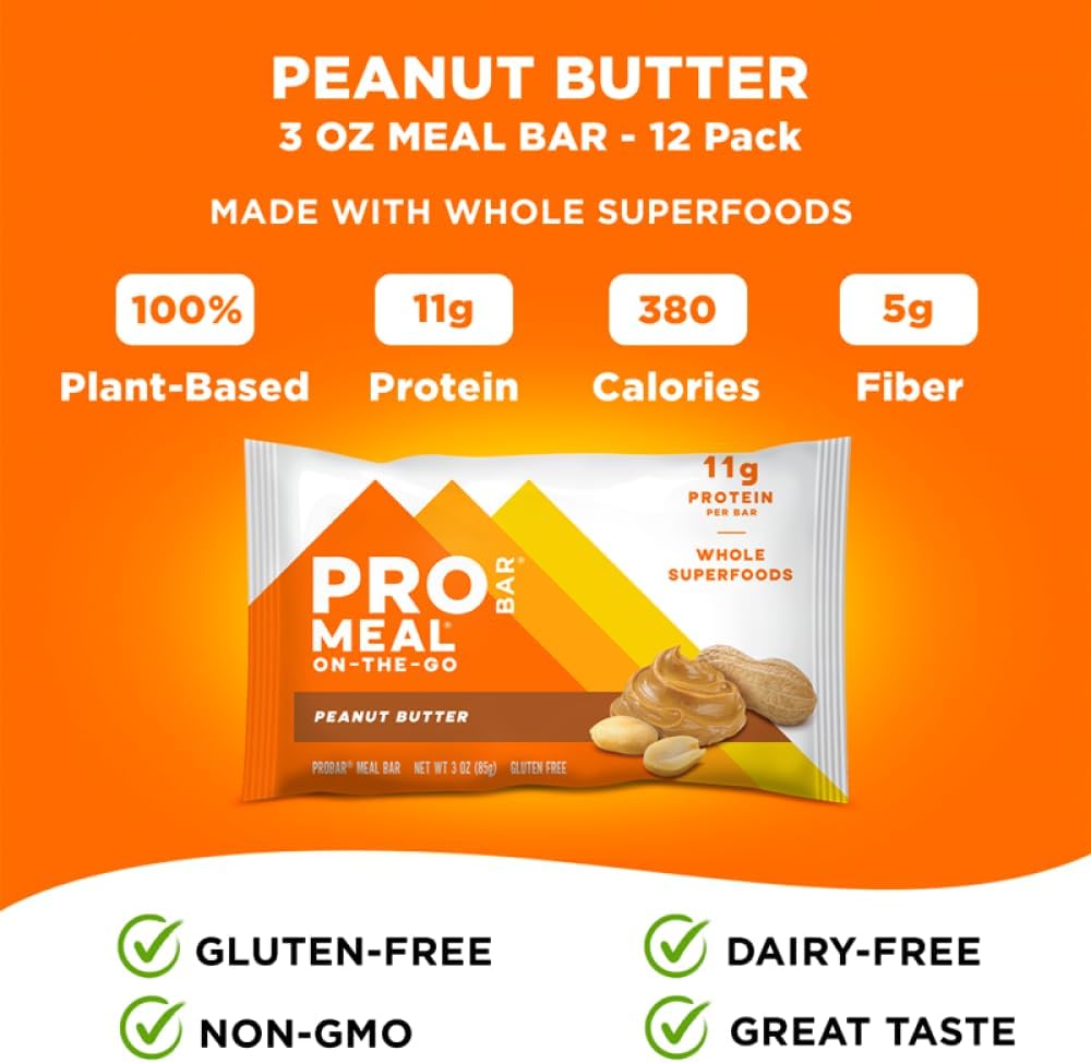 PROBAR MEAL Bar – Plant Based Meal Replacement Bar with Whole Food Ingredients, Oats, Nuts & Seeds, Vegan, Gluten Free, Non-GMO Nutrition Bar for Breakfast, Travel & On-the-Go Energy (Peanut Butter, 12 Count)