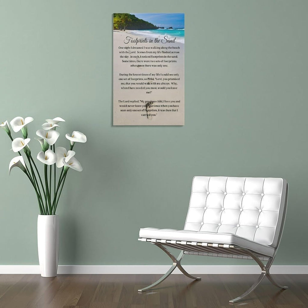 Footprints in the Sand Religious Canvas Wall Art Posters, Inspirational Beach Sunset Poem Print Poster (Framed 12x18inch, Footprints(4))