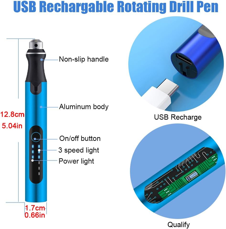 3-Speed Cordless Mini Drill Pen With 10 Small Drill Bits,Rechargeable Electric Hand Drill Pin Vise,Resin Drill Set For Jewelry Making, Resin, Plastic, Wood, Keychains DIY (BLUE)