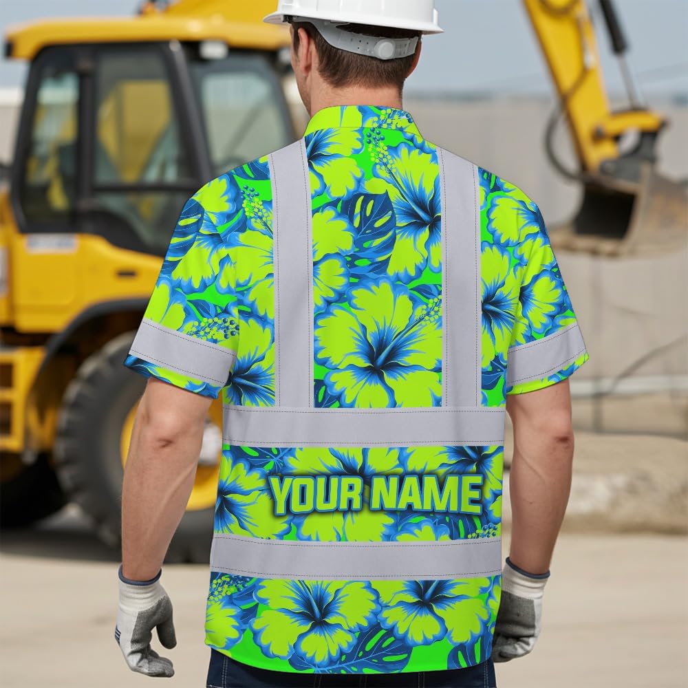 High Visibility Hawaiian Shirt for Men Tropical Shirts Custom Name Floral Outfit Reflective Safety Workwear