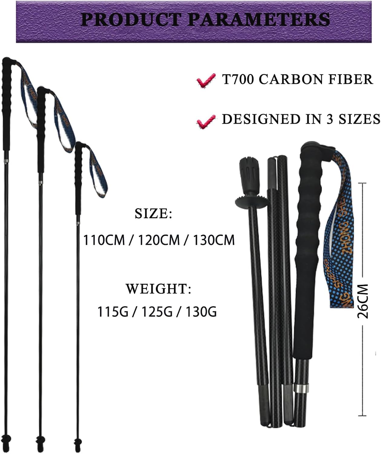 OKHEALING Ultralight Trekking Poles, Foldable, Set of 2, Ultralight Carbon Fiber, Trail Poles with Moisture Wicking Handle, with Storage Bag