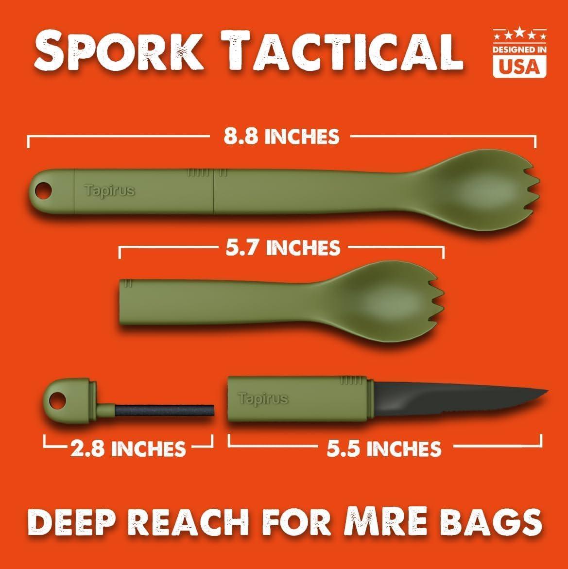 Tapirus Spork Tactical Green | BPA Free Spoon Fork, Stainless Steel Knife and Fire Starter | 3 in 1 multipurpose utensil | Outdoor hiking, camping & backpacking gear | Fit for MRE
