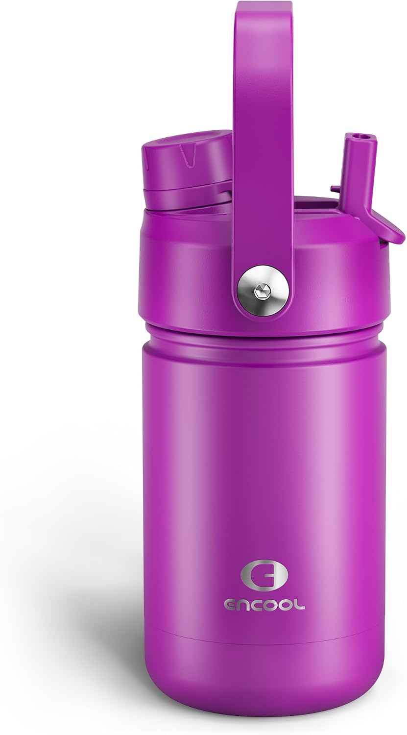 Kids Insulated Water Bottle with Straw - 12oz Stainless Steel Water Bottle with Dual Spouts, Leak-Proof, BPA-Free, Double Wall Vacuum Keeps Cold for 24 Hours for Sports, Travel (Bright Magenta)