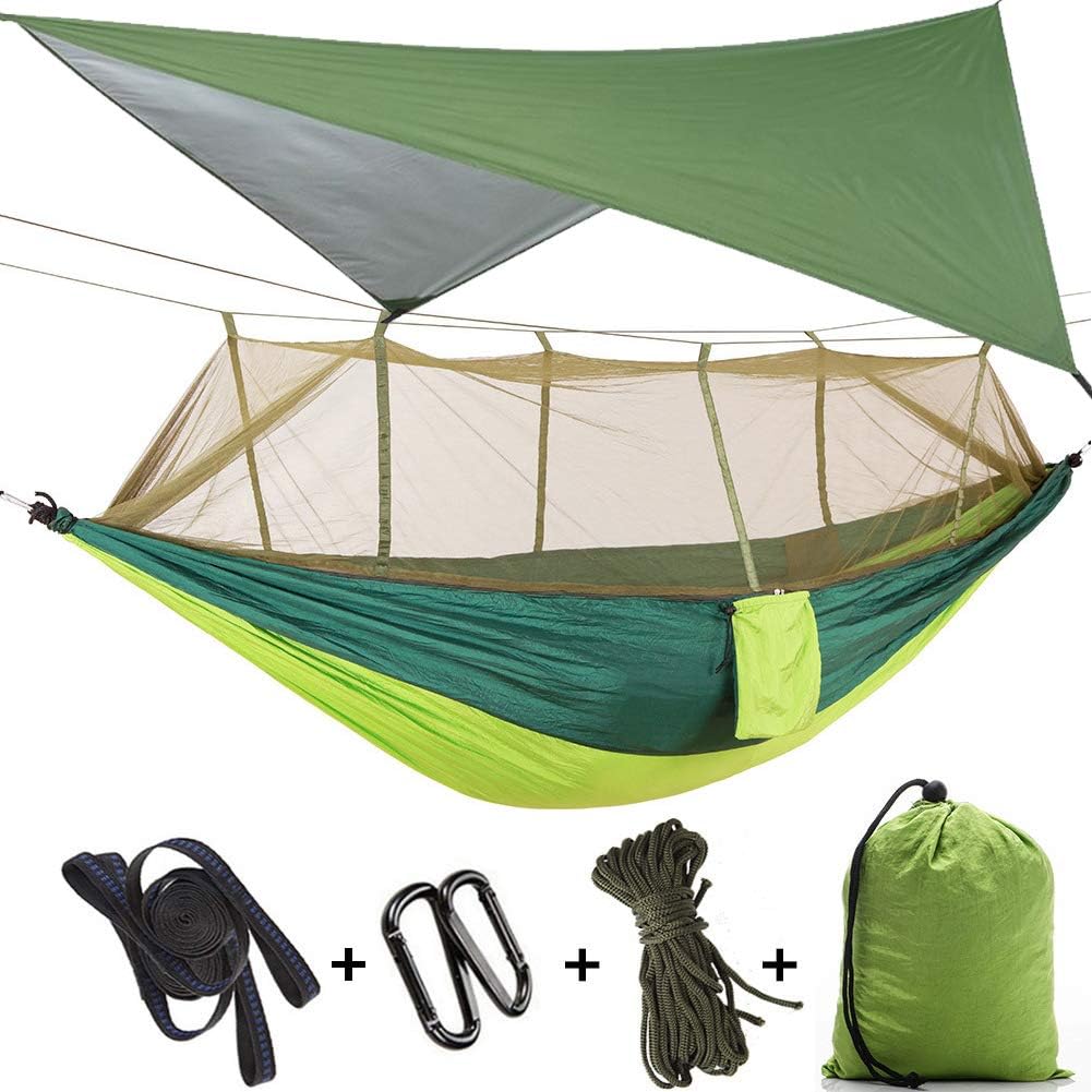 Camping Hammock with Mosquito Net & Rain Fly Tent Tarp & Tree Straps Portable Strong Nylon Hammock Tent w/Storage Bag for Camping Hiking Backyard Outdoor Backpacking Travel