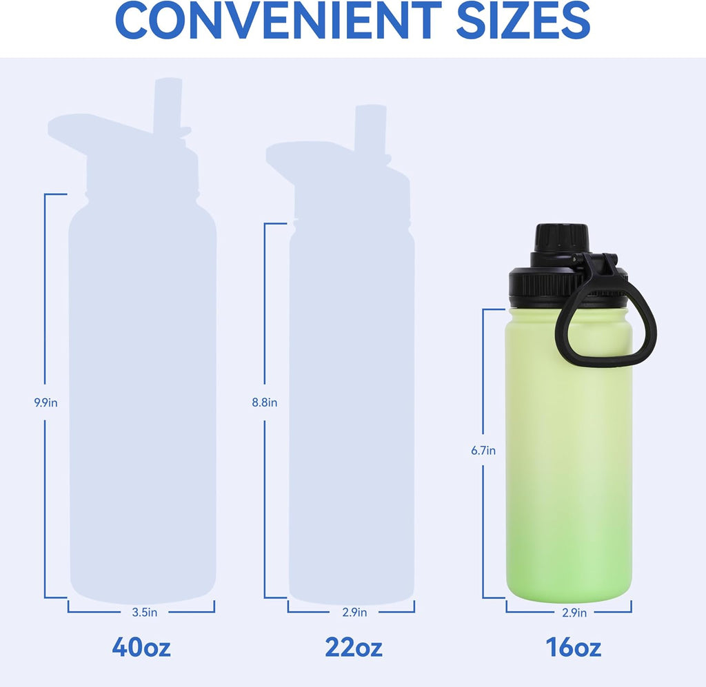 DOMICARE 16 oz Water Bottle Stainless Steel Double Wall Vacuum Insulated Water Bottle with Straw lids & Spout Lid, Leakproof