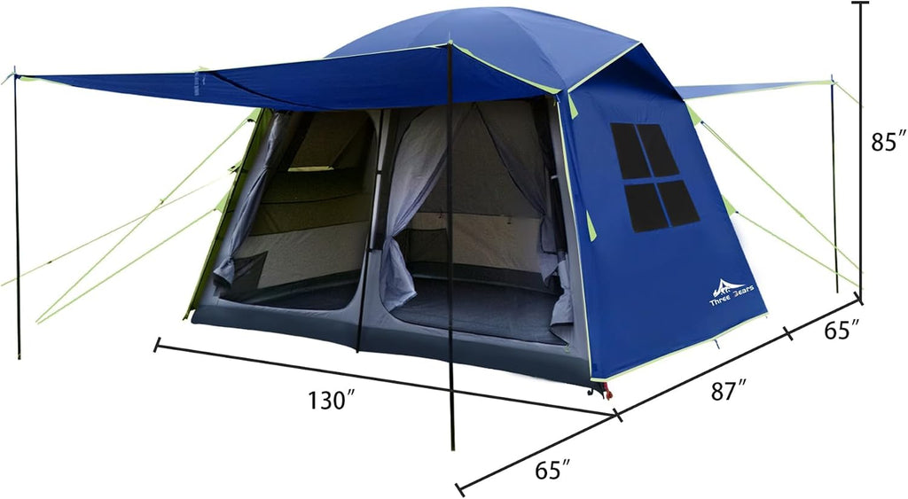Three Bears 6-Person Tent, 3000mm Waterproof Double-Layer Tent with Room Dividers, Family Tent with Color-Coded Connection Buckles, Front and Rear Vestibules Can Be Set Up as Sunshade Canopies