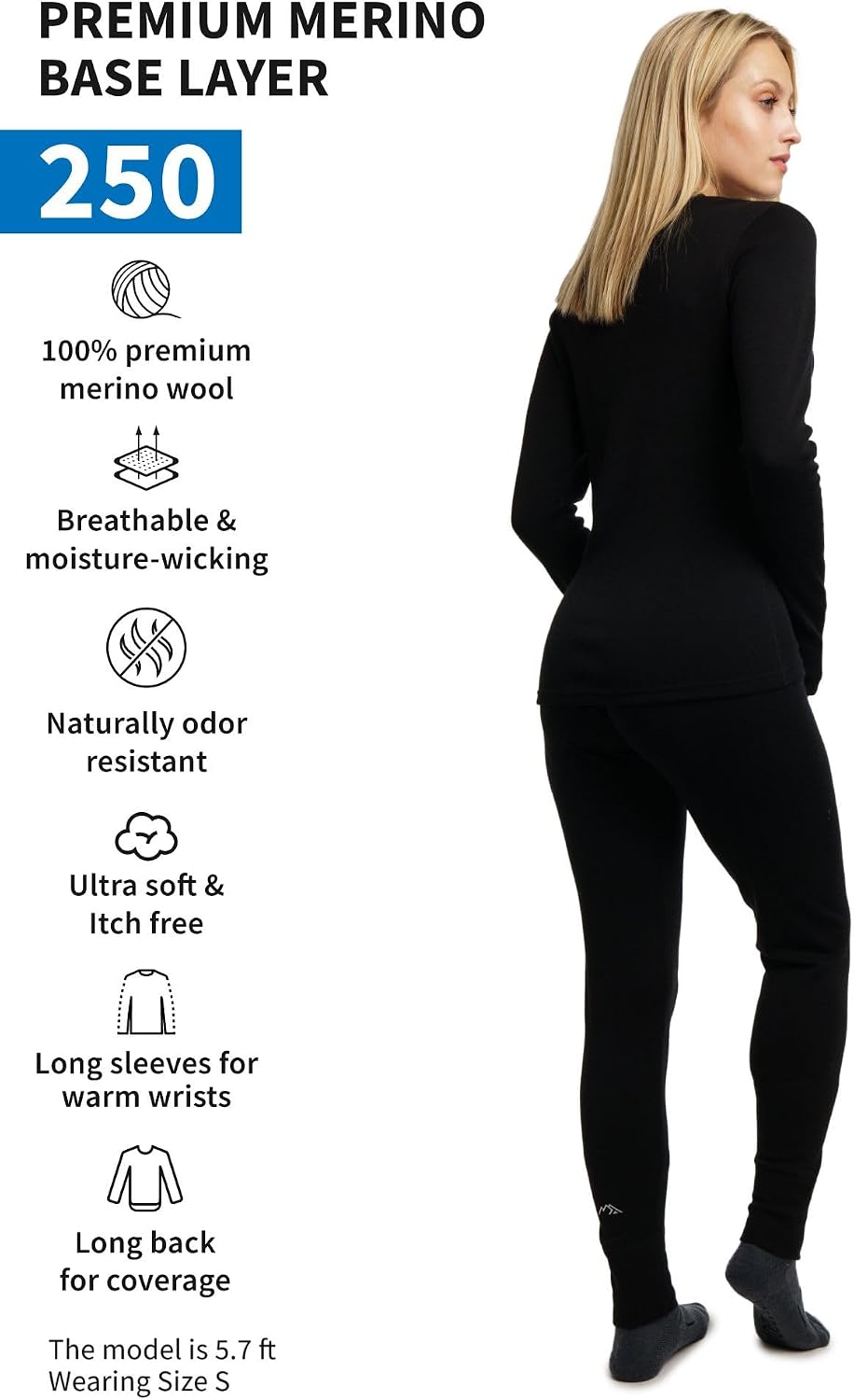Merino.tech Merino Wool Base Layer Womens Set - Midweight Merino Wool Thermal Underwear for Women Top & Bottom + Neck Gaiter