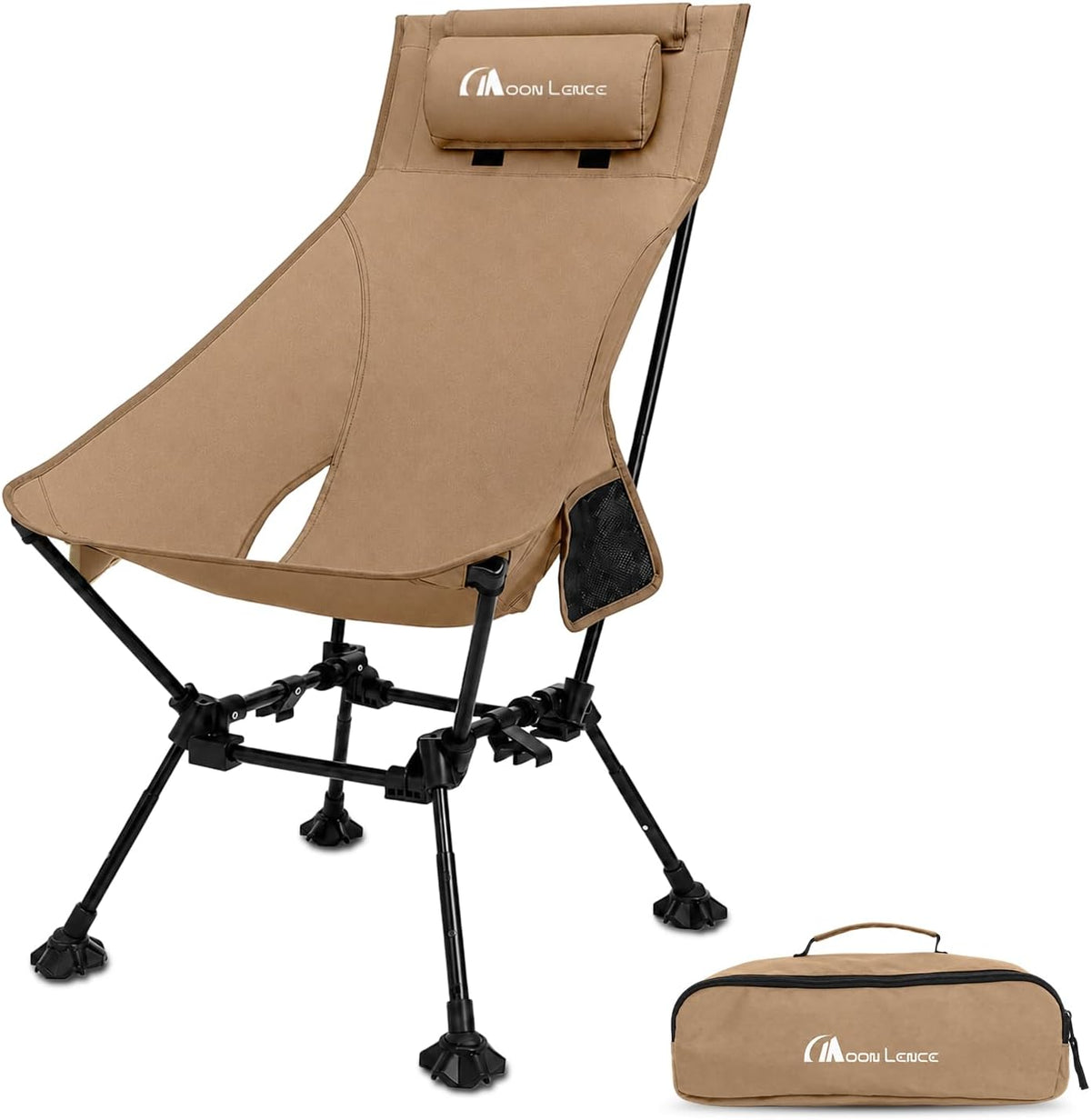 MOON LENCE High Back Folding Camping Chairs, Height-Adjustable, Widened Seat, for Beach with Anti-Sinking Feet (Khaki)