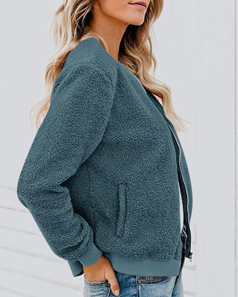 MIROL Women's Fall Fleece Bomber Jacket Trendy Sherpa Winter Coat Fuzzy Casual Long Sleeve Zip Up Loose Fit Jackets