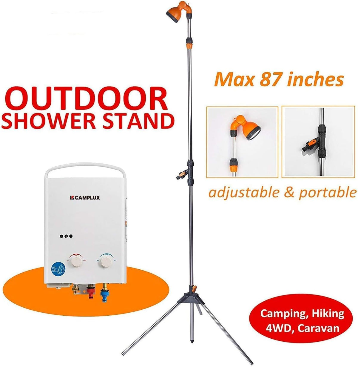 CAMPLUX Portable Poolside Outdoor Shower with on/off Valve and Tripod Stand