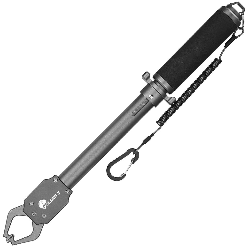 GOLDEN J 16" Fish Lip Gripper - Heavy-Duty & Saltwater Proof, Aircraft-Grade Aluminum Alloy, 60LB Capacity, Non-Slip 360° TPR Swivel Handle & Anti-Escape Push Rod, for Surf, Ice, Fresh/Saltwater