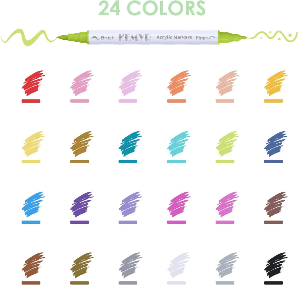 KEMYR 24 Colors Brush & Fine Tip Acrylic Paint Pens, Dual Tip Acrylic Paint Markers for Paper, Wood, Canvas, Stone, Rock, Glass, Fabric, DIY, Ceramic, Art Supplies for Adults Drawing