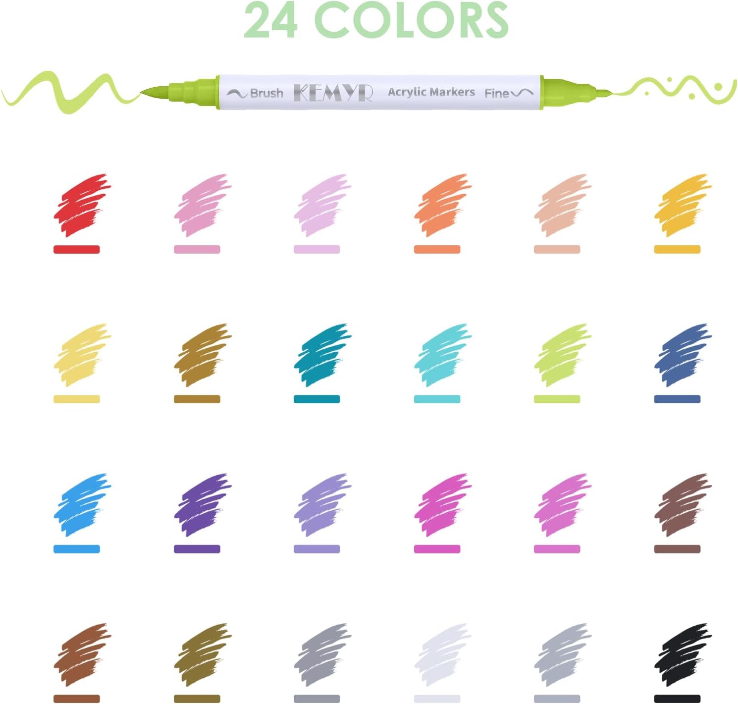 KEMYR 24 Colors Brush & Fine Tip Acrylic Paint Pens, Dual Tip Acrylic Paint Markers for Paper, Wood, Canvas, Stone, Rock, Glass, Fabric, DIY, Ceramic, Art Supplies for Adults Drawing