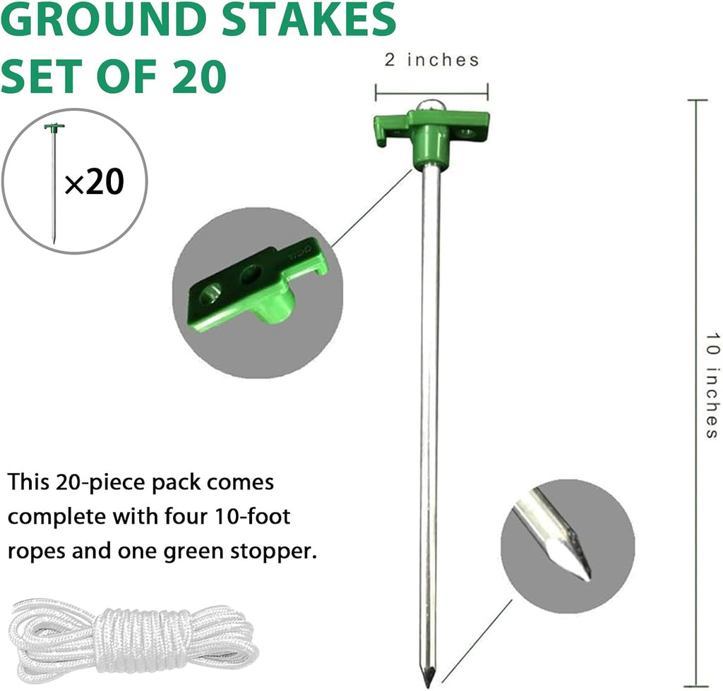 Eurmax USA 20-Pack Secure Protection Galvanized Tent Stakes,Rust-Proof Steel Canopy Anchors for High Winds,Heavy Duty Commercial Ground Pegs for Camping,Pop Up Tents&Gazebos - Includes 4x10ft Ropes