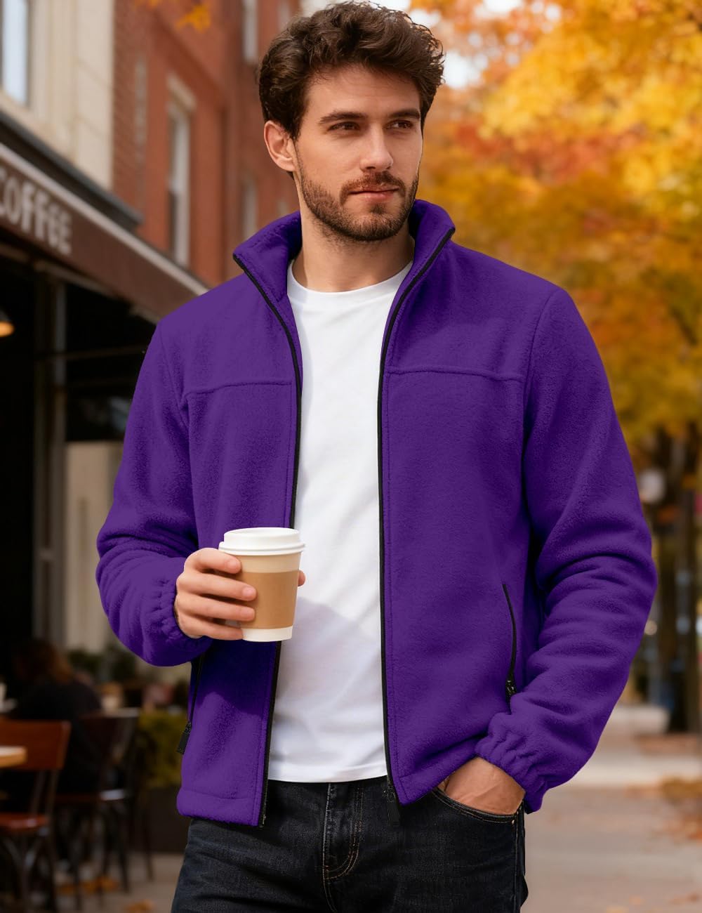 Mens Polar Fleece Jacket Full Zip Lightweight Casual Outdoor Jackets Stand Collar Warm Coats with Pockets
