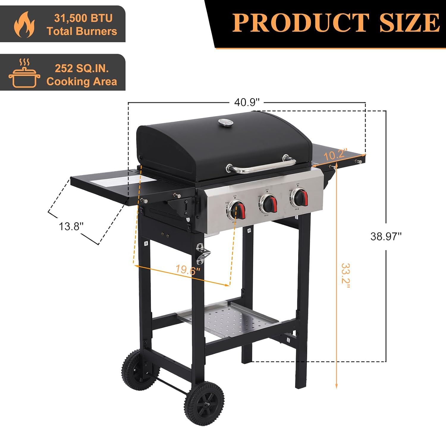 CIG GARDEN 3-Burner Propane Gas Grill 31,500 BTU with Folding Side Tables