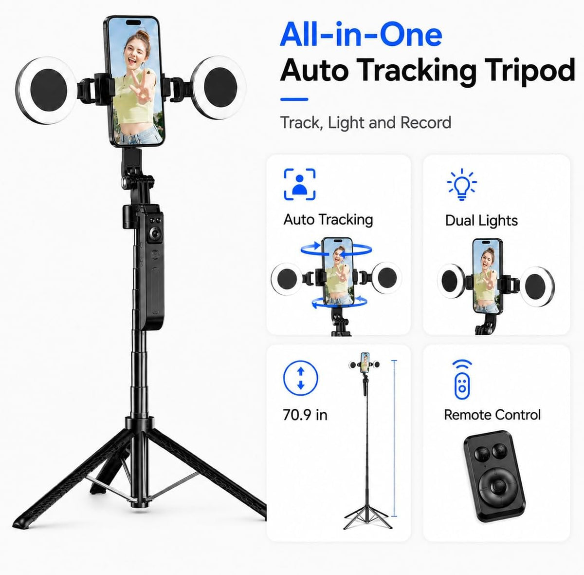 Tripod for iPhone, Black 70.9 in Auto Face Tracking Selfie Stick for iPhone