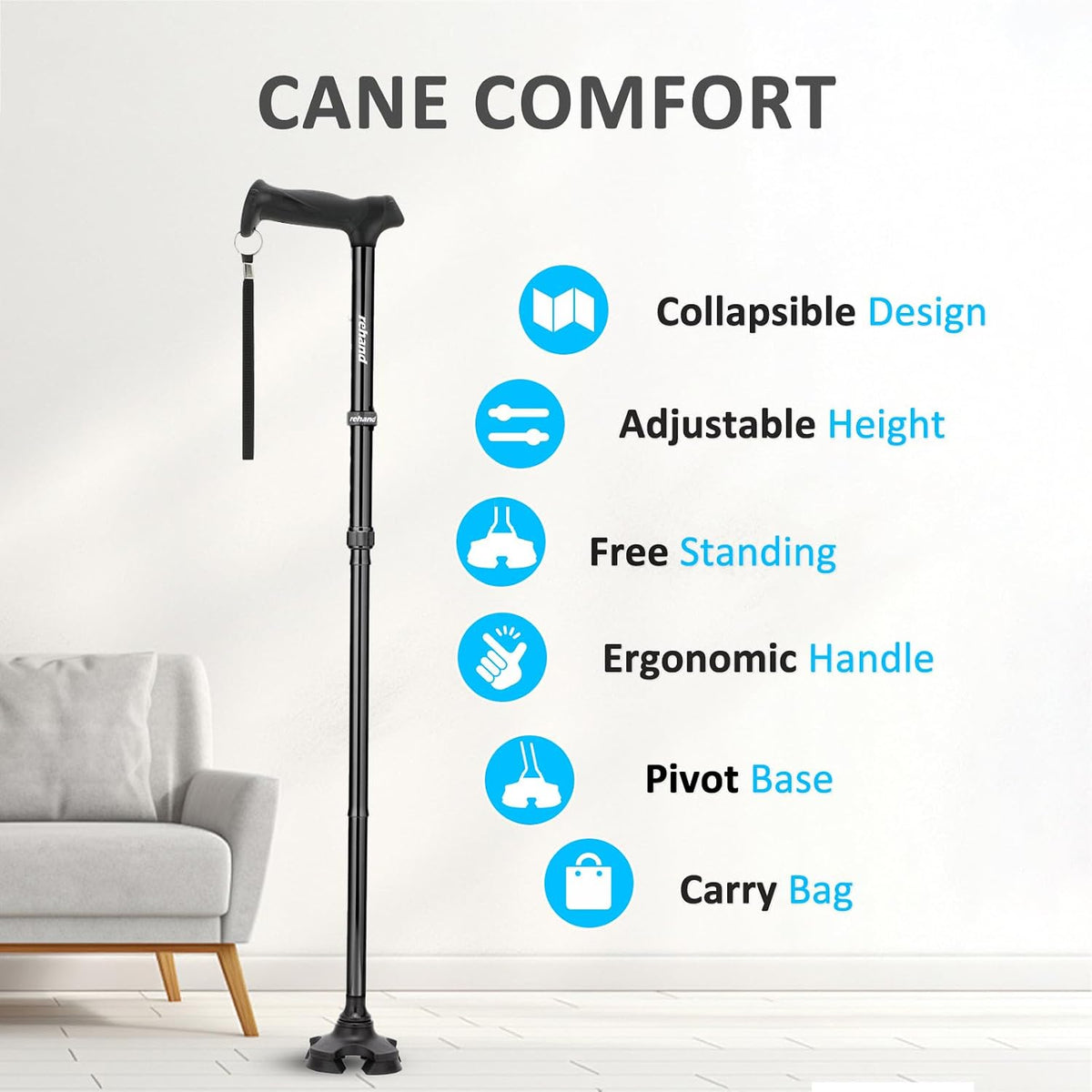REHAND Walking Cane for Men & Women - Foldable, Adjustable, Lightweight, Self Standing Pivot Walking Cane, Soft Handle Grip, with Travel Bag, Walking Sticks for Seniors & Adults