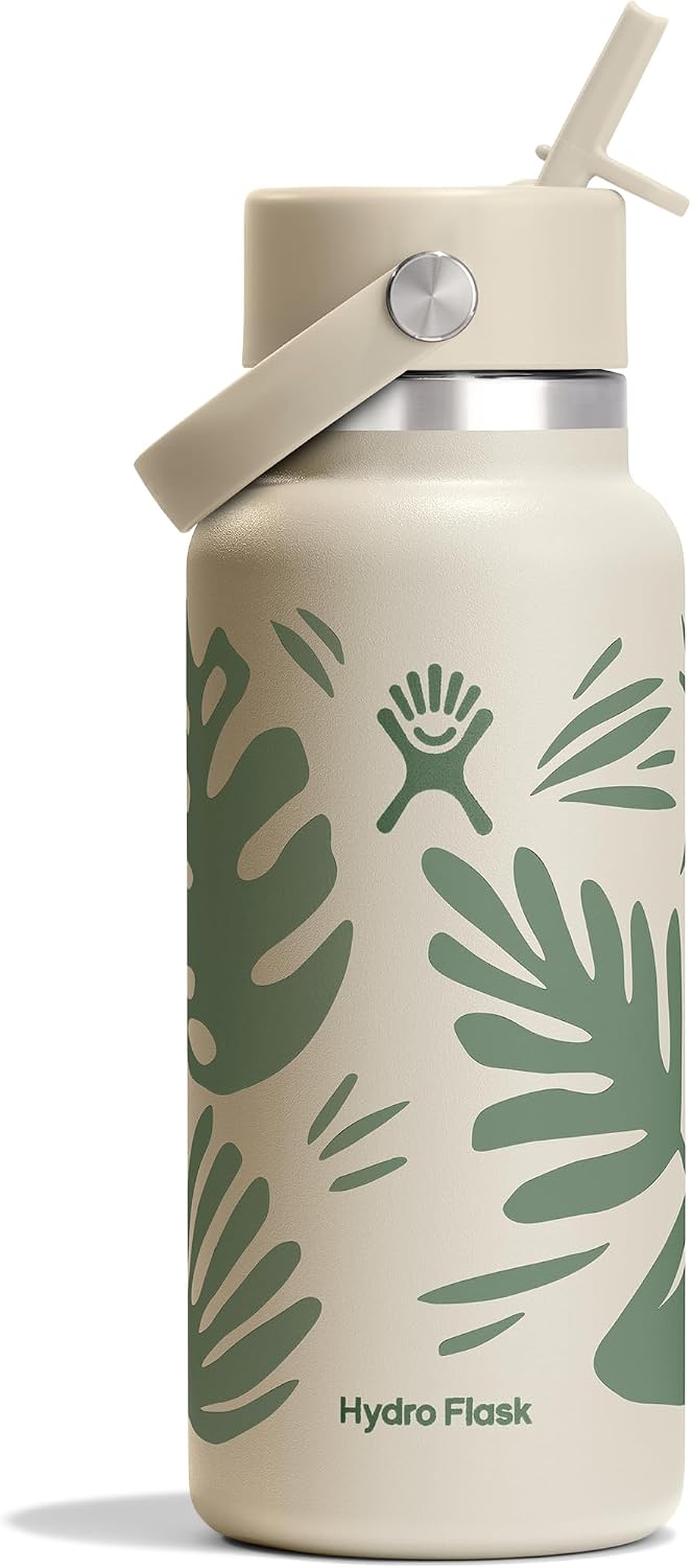 Hydro Flask Water Bottle - Insulated Stainless Steel - Wide Mouth Flex Straw Lid, Non Spill, Leakproof and Refillable in 32 Oz Botanical Bliss Coconut