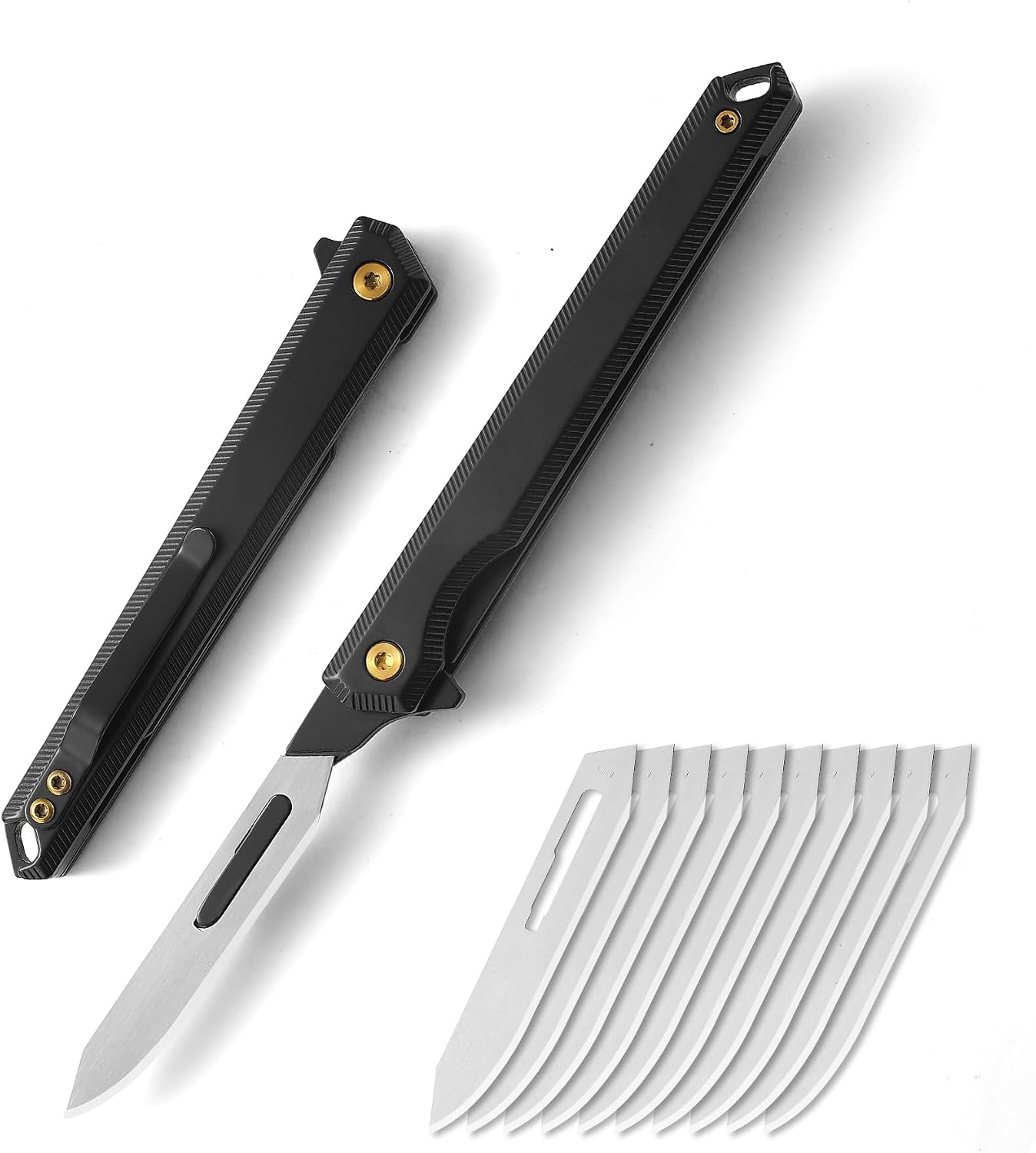 Folding Scalpel Knife, Mini Slim Pocket Knife with 10pcs #60 Scalpels Replaceable Blades, EDC Utility Knife with Liner Lock, Pocket Clip, Ideal Gifts for Men and Women（Black）